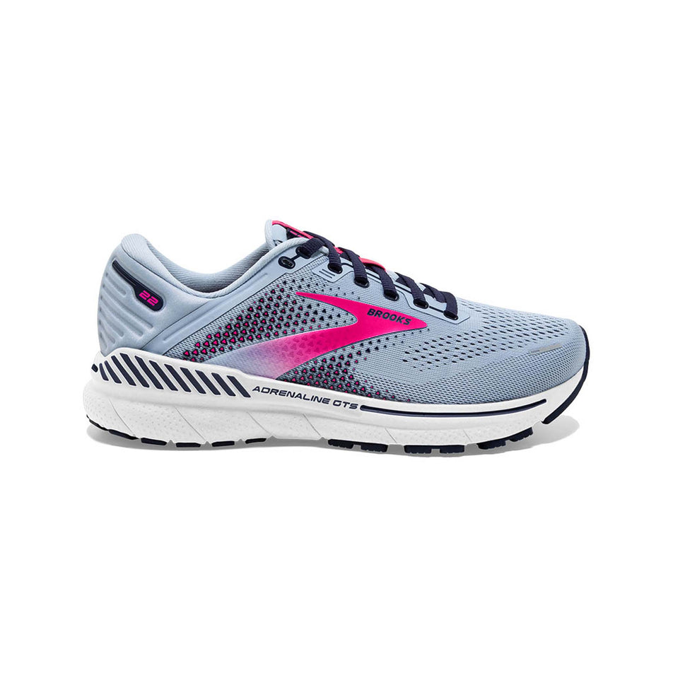 Lateral view of women's brooks adrenaline gts 22 running shoes in blue (7511153016994)