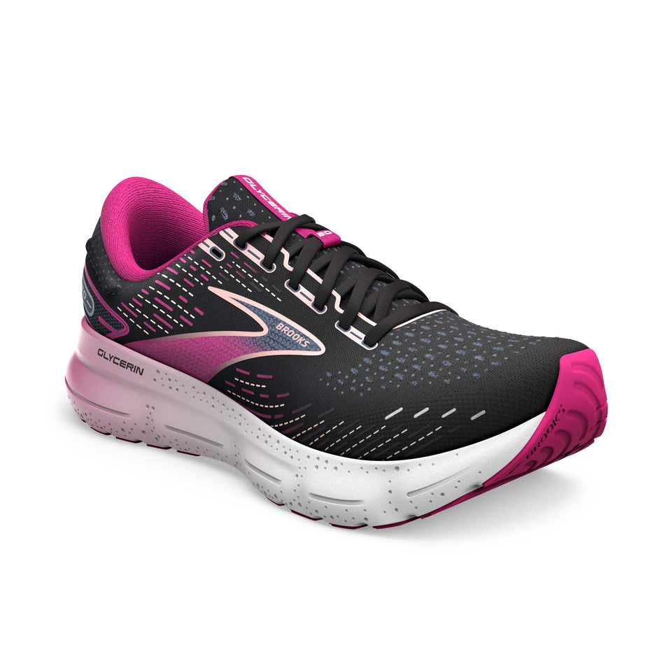 Lateral side of the right shoe from a pair of Brooks Women's Glycerin 20 Running Shoes in the Black/Fuchsia/Linen colourway (7901111451810)