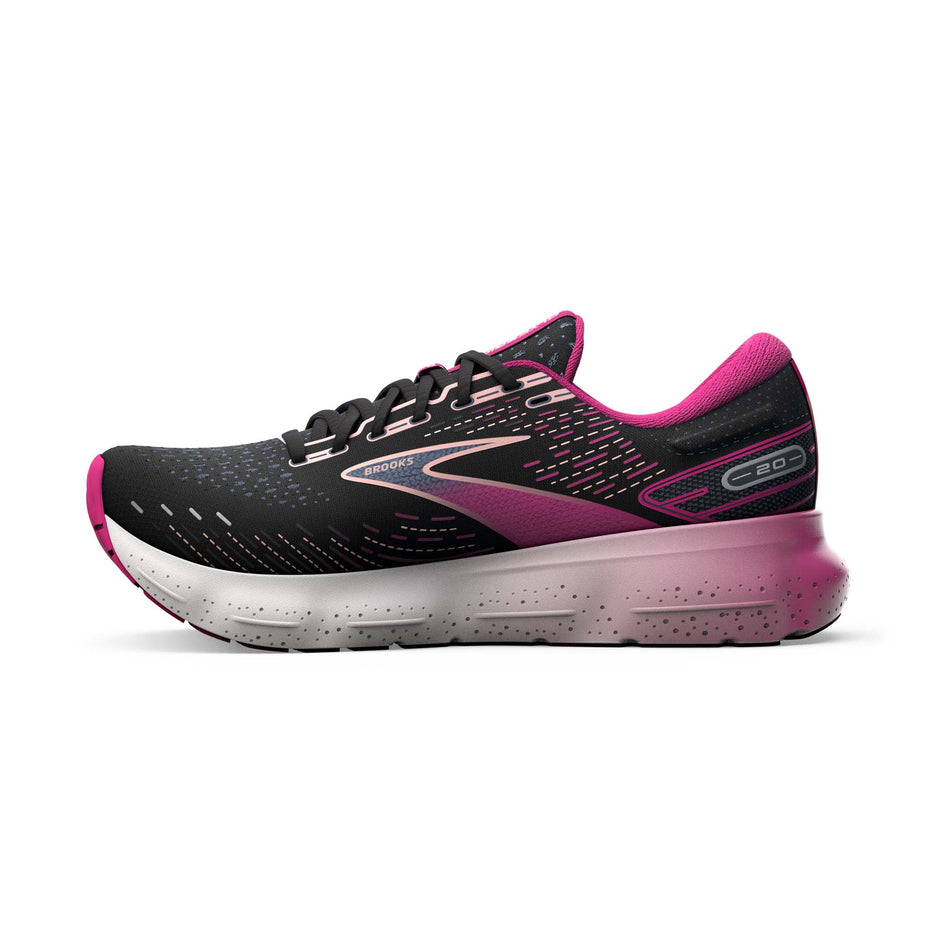 Medial side of the right shoe from a pair of Brooks Women's Glycerin 20 Running Shoes in the Black/Fuchsia/Linen colourway (7901111451810)