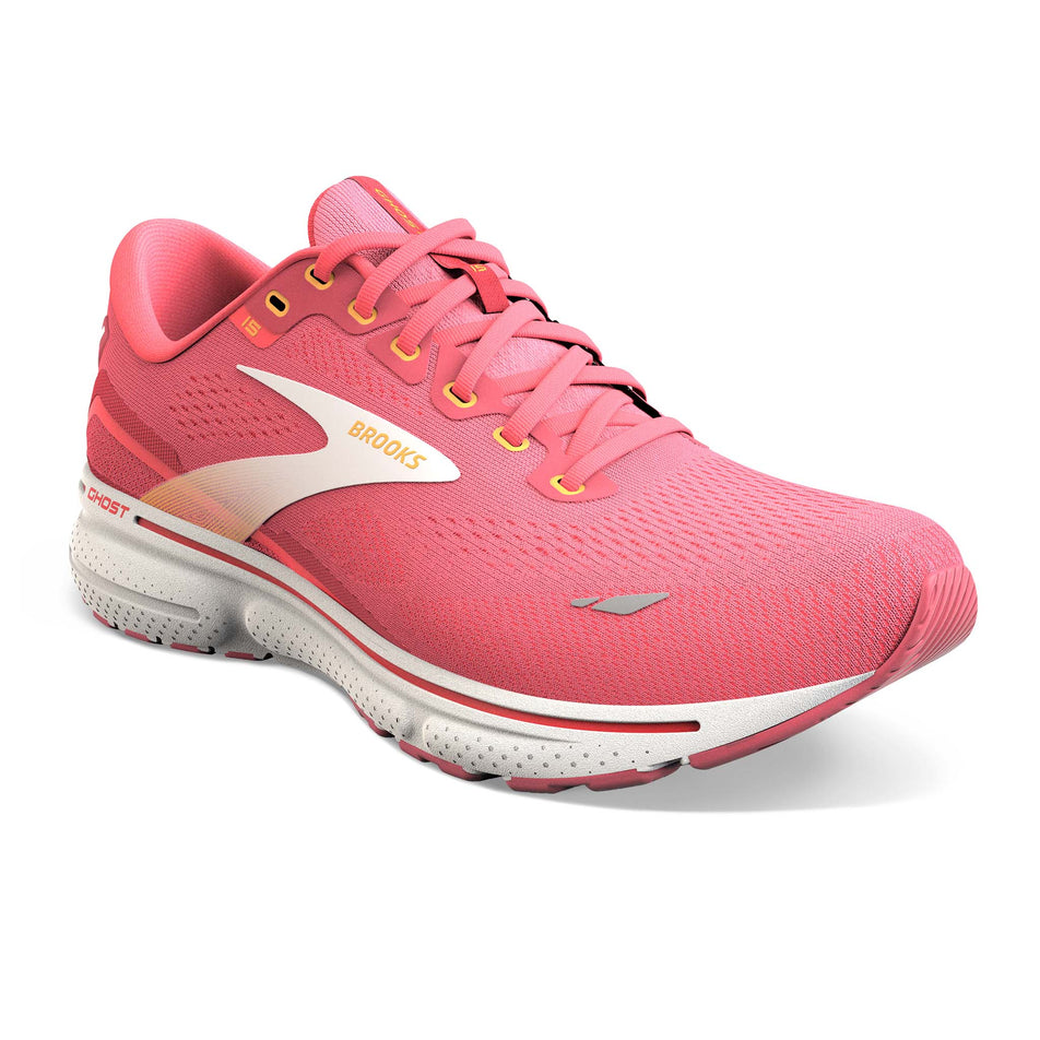 Right shoe anterior angled view of Brooks Women's Ghost 15 Running Shoes in pink (7709855482018)