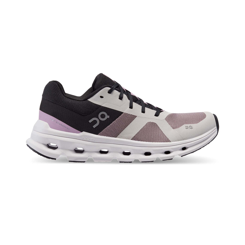 Right shoe lateral view of On Women's Cloudrunner Running Shoes in black (7525352407202)