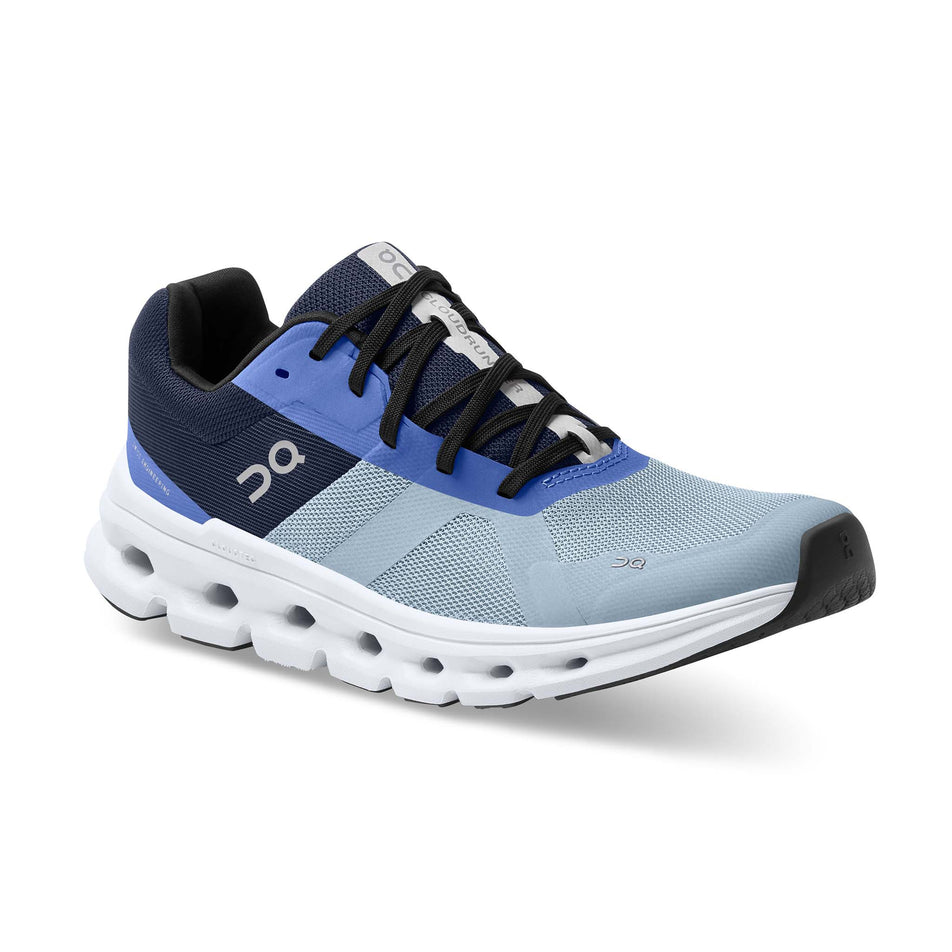 Right shoe anterior angled view of On Women's Cloudrunner Running Shoes in blue (7674886029474)