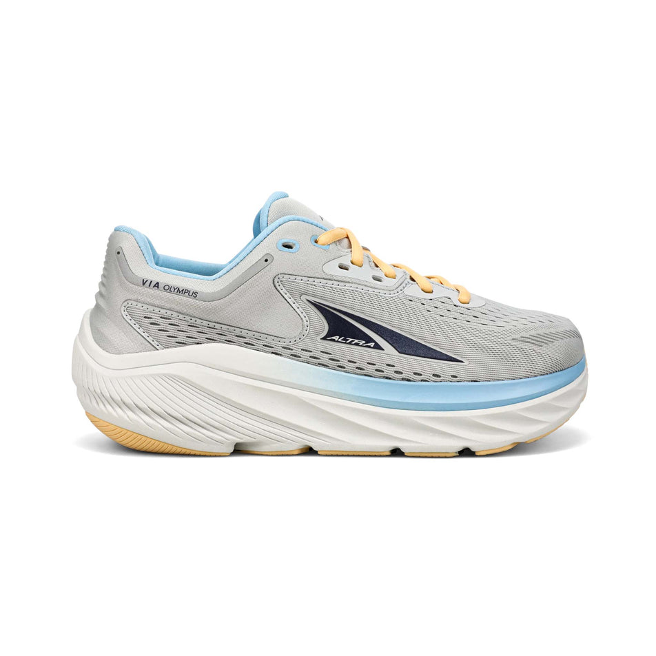 Right shoe lateral view of Altra Women's Via Olympus Running Shoes in grey. (7704299700386)