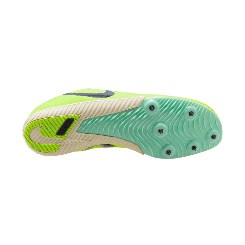 Right shoe outsole view of Nike Unisex Zoom Rival Multi Track Spikes in green (7669995077794)