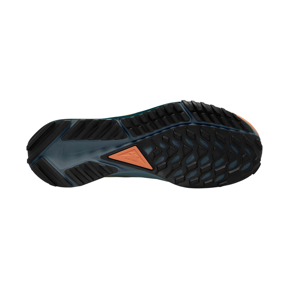 Right shoe outsole view of Nike Men's React Pegasus Trail 4 Gore-Tex Running Shoes in green (7671224271010)