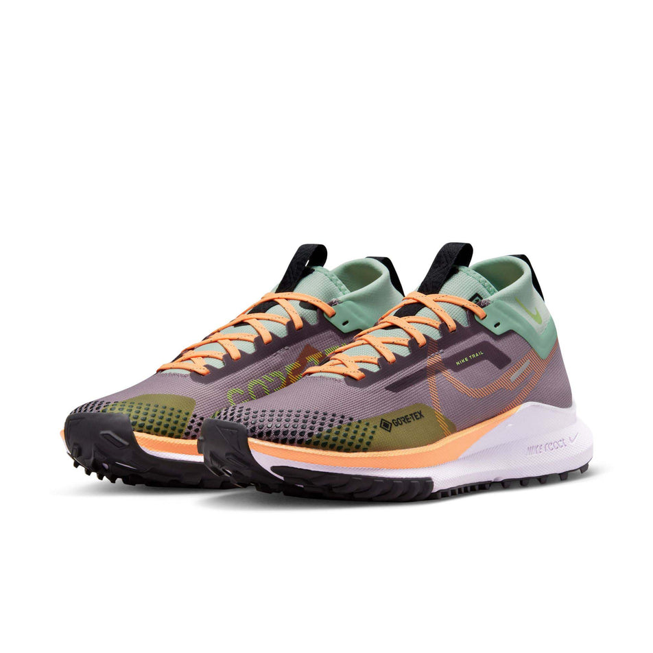 Anterior angled view of women's react pegasus trail 4 gore-tex runnning shoes in purple (7600271753378)