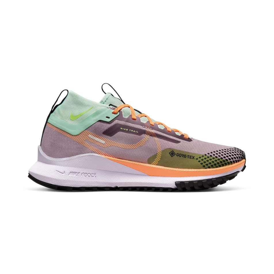 Lateral view of women's react pegasus trail 4 gore-tex runnning shoes in purple (7600271753378)