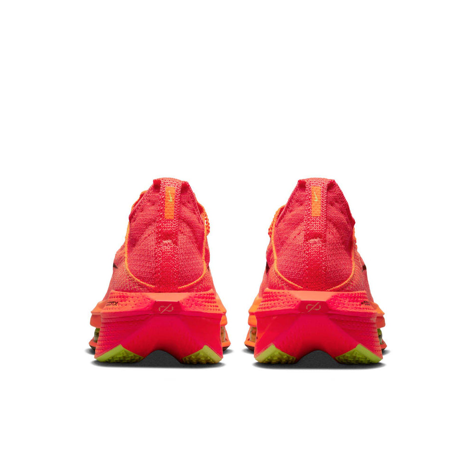 Posterior view of women's nike air zoom alphafly next% flyknit 2 running shoes in orange (7600235315362)