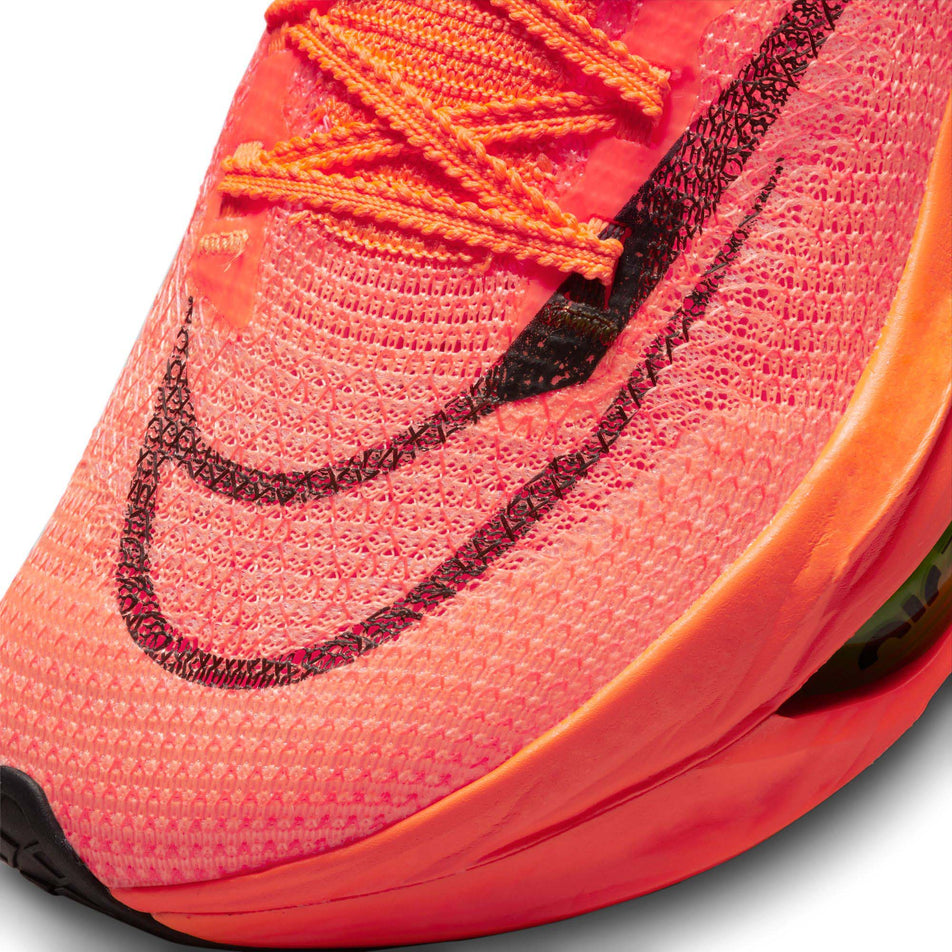 Toe box view of women's nike air zoom alphafly next% flyknit 2 running shoes in orange (7600235315362)