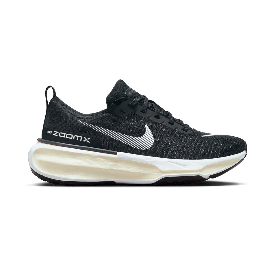 Right shoe lateral view of Nike Women's ZoomX Invincible Run Flyknit 3 Running Shoes in black. (7751499743394)