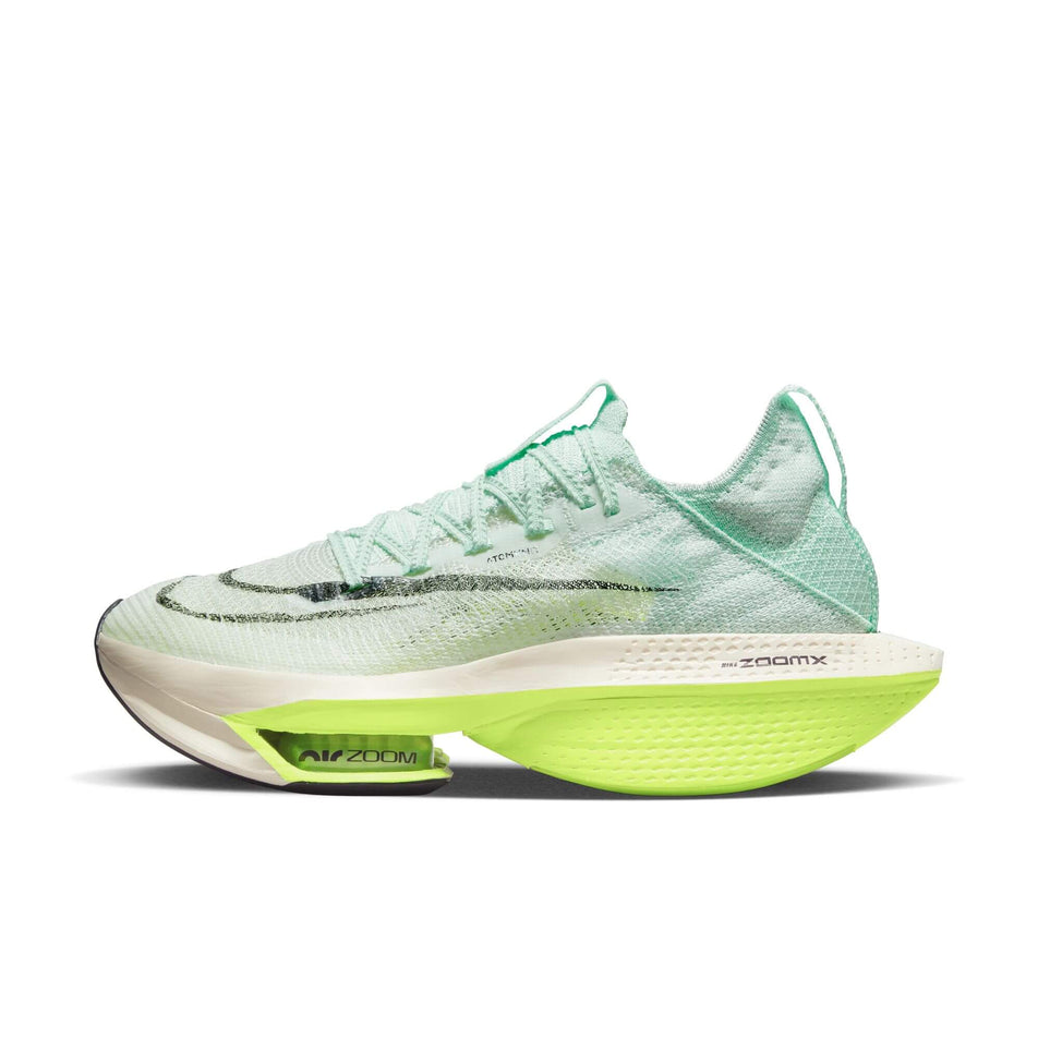 Lateral side of the left shoe from a pair of women's Nike Air Zoom Alphafly Next% Flyknit 2 Running Shoes (7516459663522)