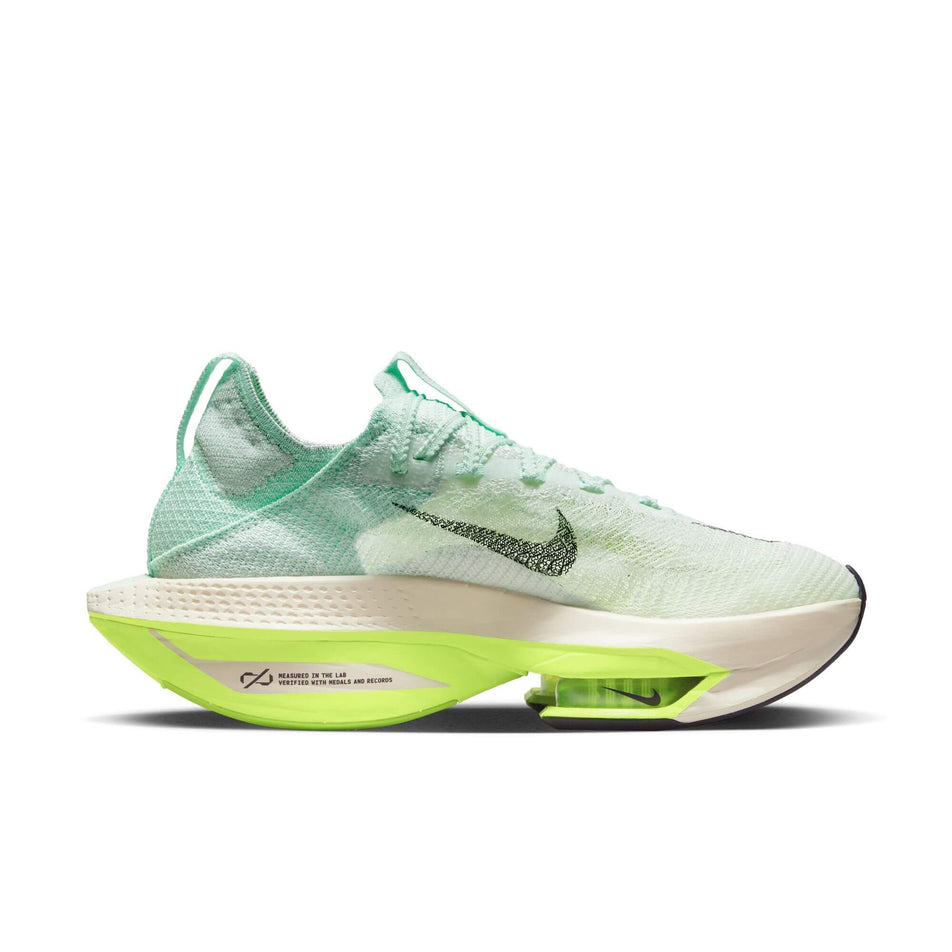 Lateral side of the left shoe from a pair of women's Nike Air Zoom Alphafly Next% Flyknit 2 Running Shoes (7516459663522)