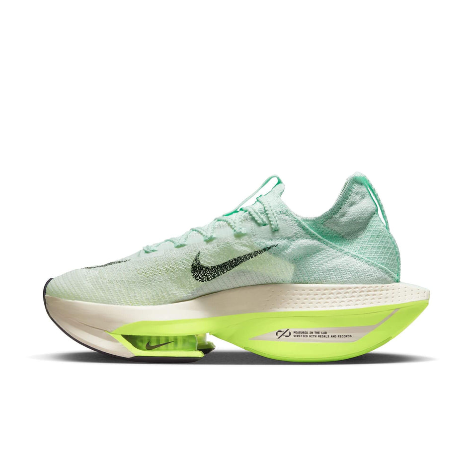 Medial side of the right shoe from a pair of women's Nike Air Zoom Alphafly Next% Flyknit 2 Running Shoes (7516459663522)
