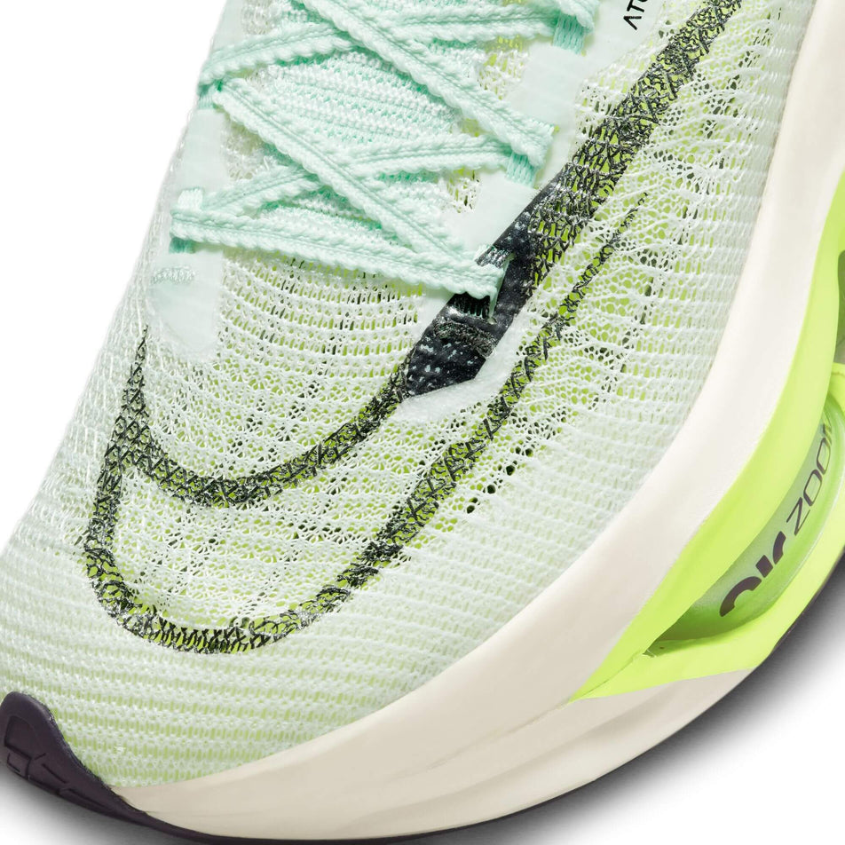 Toe box of the left shoe from a pair of women's Nike Air Zoom Alphafly Next% Flyknit 2 Running Shoes (7516459663522)