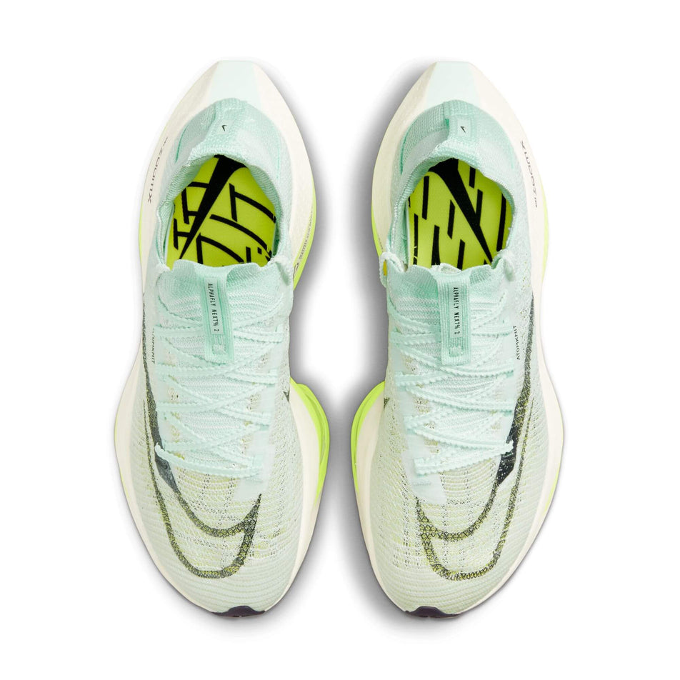 The uppers on a pair of women's Nike Air Zoom Alphafly Next% Flyknit 2 Running Shoes (7516459663522)
