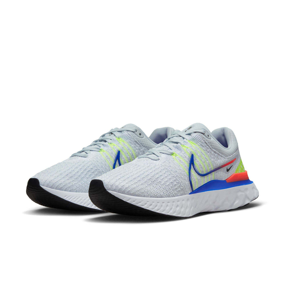 Anterior angled view of men's nike react infinity run flyknit 3 running shoes in white (7528198996130)