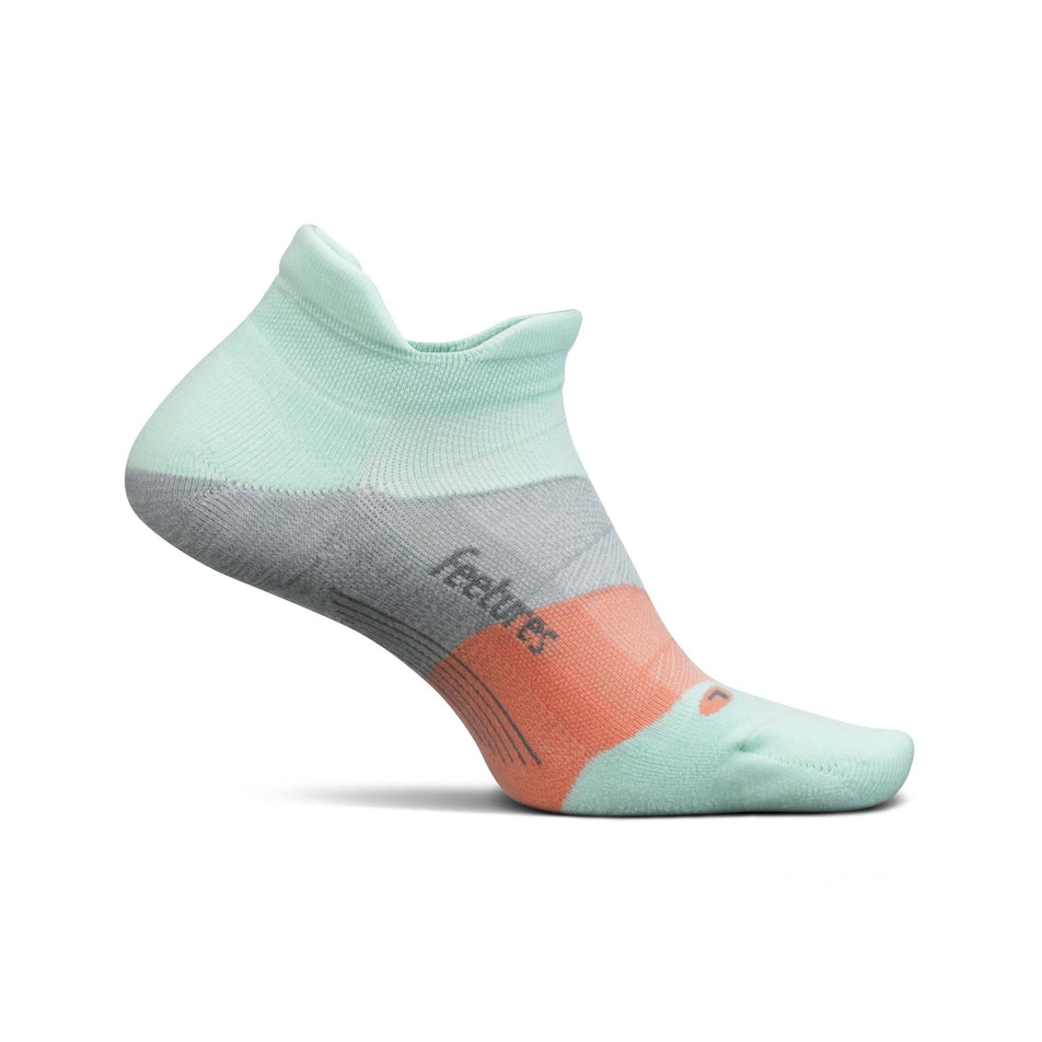 Medial view of the left sock from a pair of Feetures Unisex Elite Light Cushion No Show Tab Running Socks in green. (7758546043042)