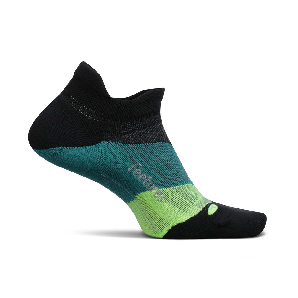 Medial view of the left sock from a pair of Feetures Unisex Elite Light Cushion No Show Tab Running Socks in black. (7758569013410)