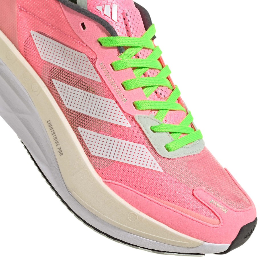 Toebox view of women's adidas adizero boston 11 running shoes in pink (7510277652642)
