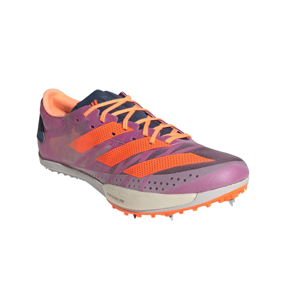 Right shoe anterior angled view of adidas Men's Adizero Ambition Track Spikes in purple (7684835934370)