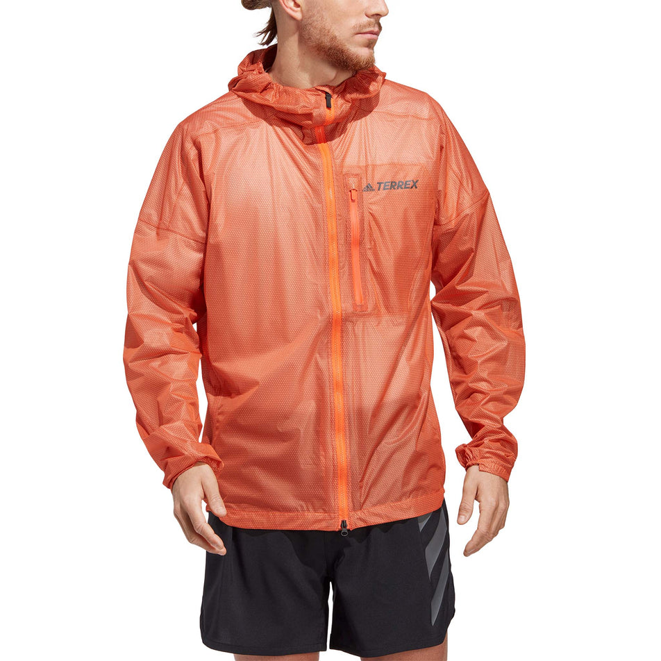 Front view of a model wearing an adidas Men's Terrex Agravic 2.5L Rain.RDY Jacket (7766903292066)