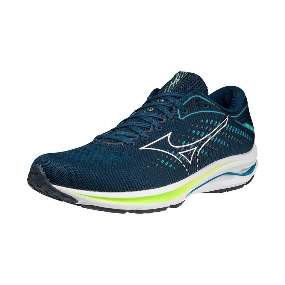 Lateral angled view of mizuno wave rider 25 running shoes (7232248119458)