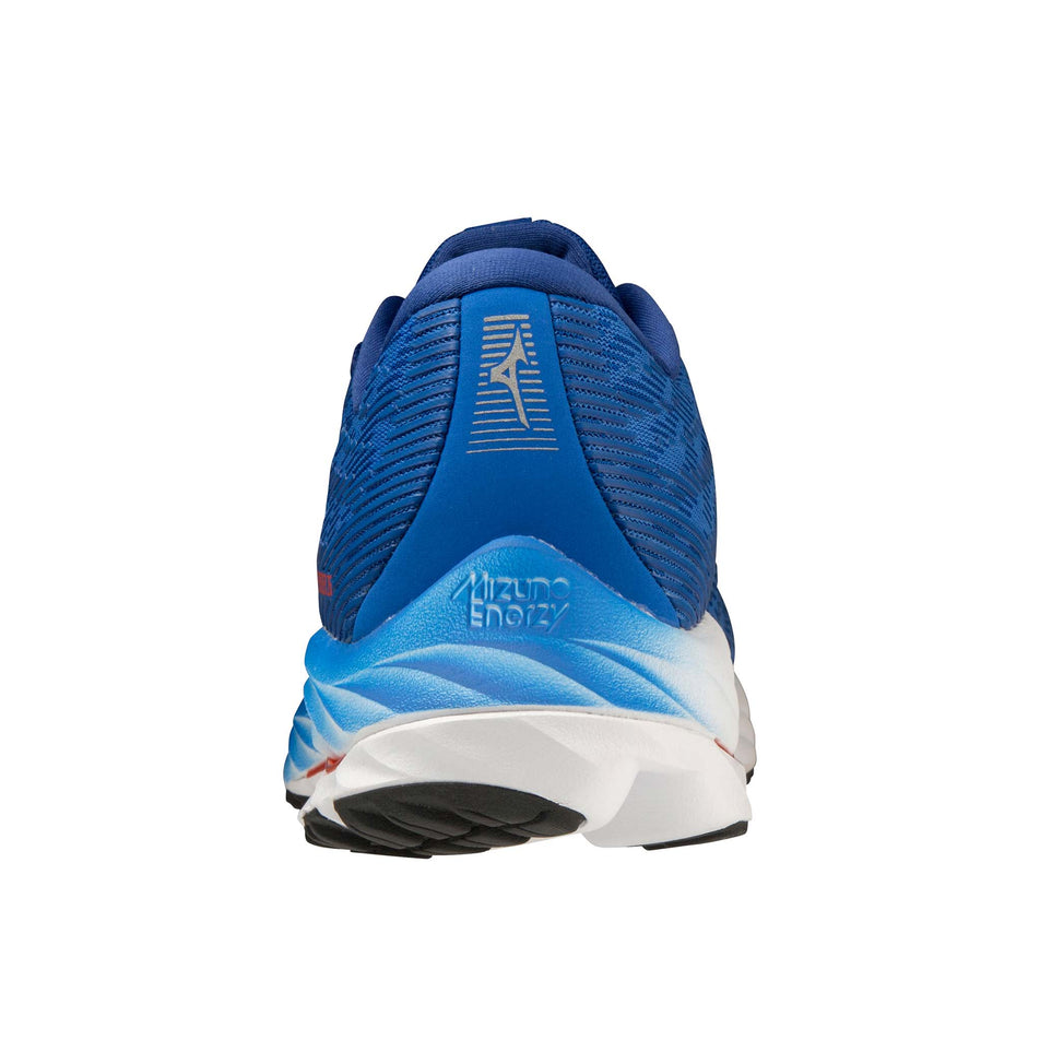Left shoe posterior view of Mizuno Men's Wave Rider 26 Running Shoes in blue (7599149645986)