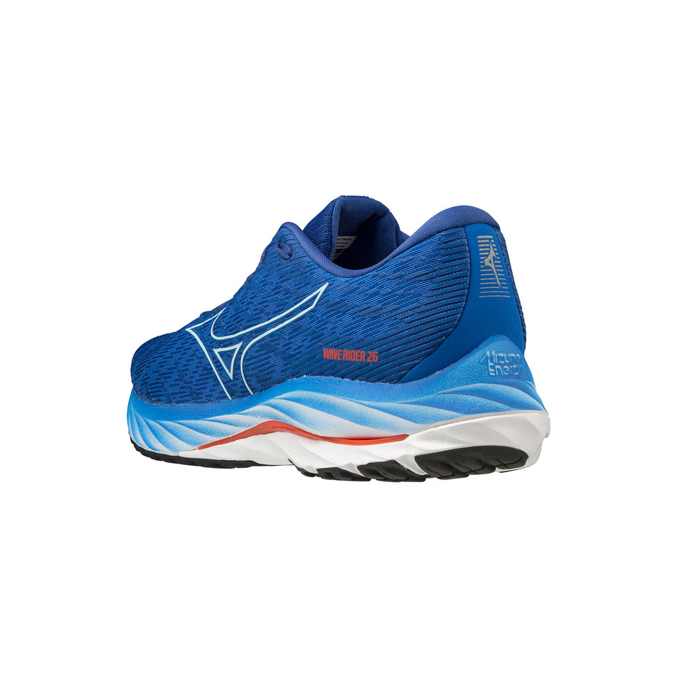 Left shoe posterior angled view of Mizuno Men's Wave Rider 26 Running Shoes in blue (7599149645986)