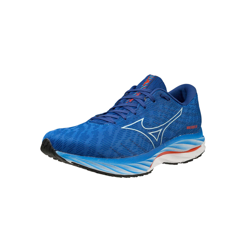 Left shoe anterior angled view of Mizuno Men's Wave Rider 26 Running Shoes in blue (7599149645986)