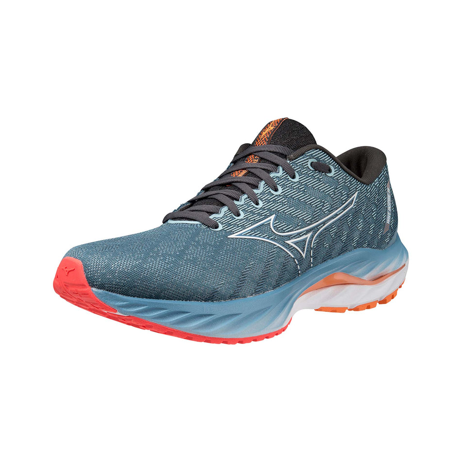 Left shoe anterior angled view of Mizuno Men's Wave Inspire 19 Running Shoes in blue. (7725204439202)