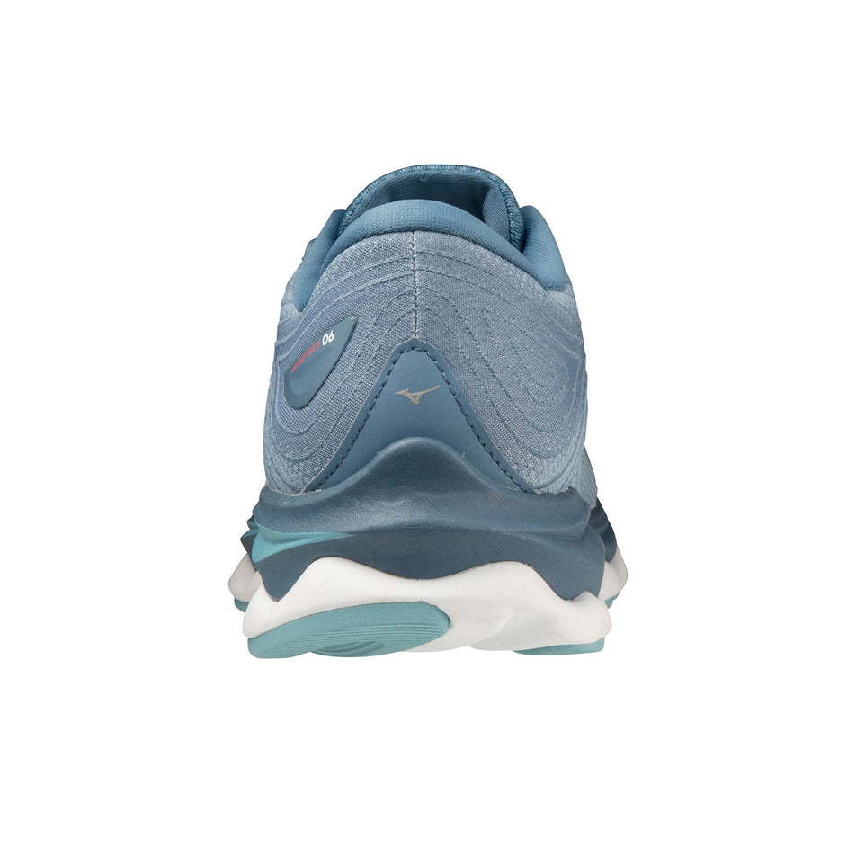 Posterior view of Mizuno Women's Wave Sky 6 Running Shoes in blue. (7599152693410)