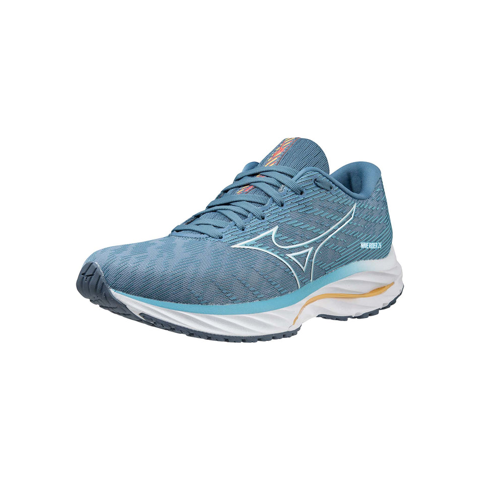 Anterior angled view of Mizuno Women's Wave Rider 26 Running Shoes in blue (7599151906978)