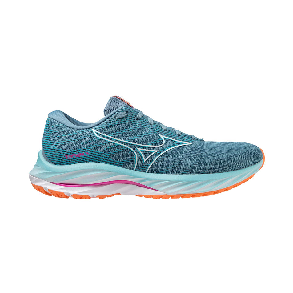 Right shoe lateral view of Mizuno Women's Wave Rider 26 Running Shoes in blue (7725206798498)