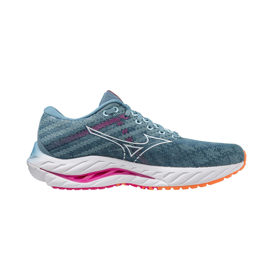 Left shoe medial view of Mizuno Women's Wave Inspire 19 Running Shoes in blue (7725204865186)