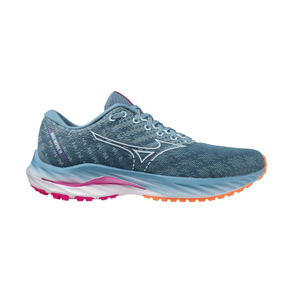 Right shoe lateral view of Mizuno Women's Wave Inspire 19 Running Shoes in blue (7725204865186)