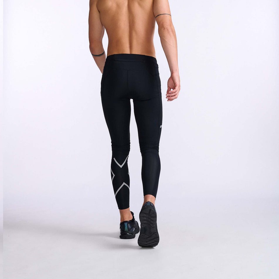 Back view of a pair of 2XU Men's Aero Compression Tights, being worn by a model (7778321498274)