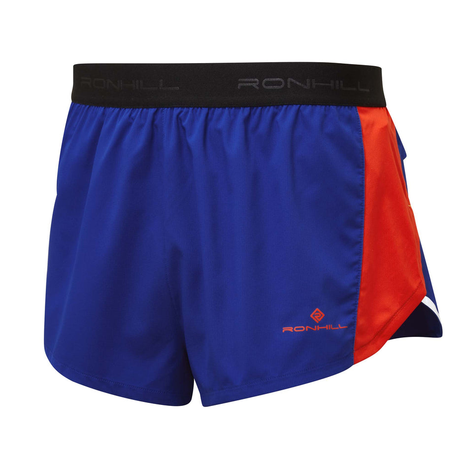 Front view of Ronhill Men's Tech Revive Racer Short in blue. (7743527944354)