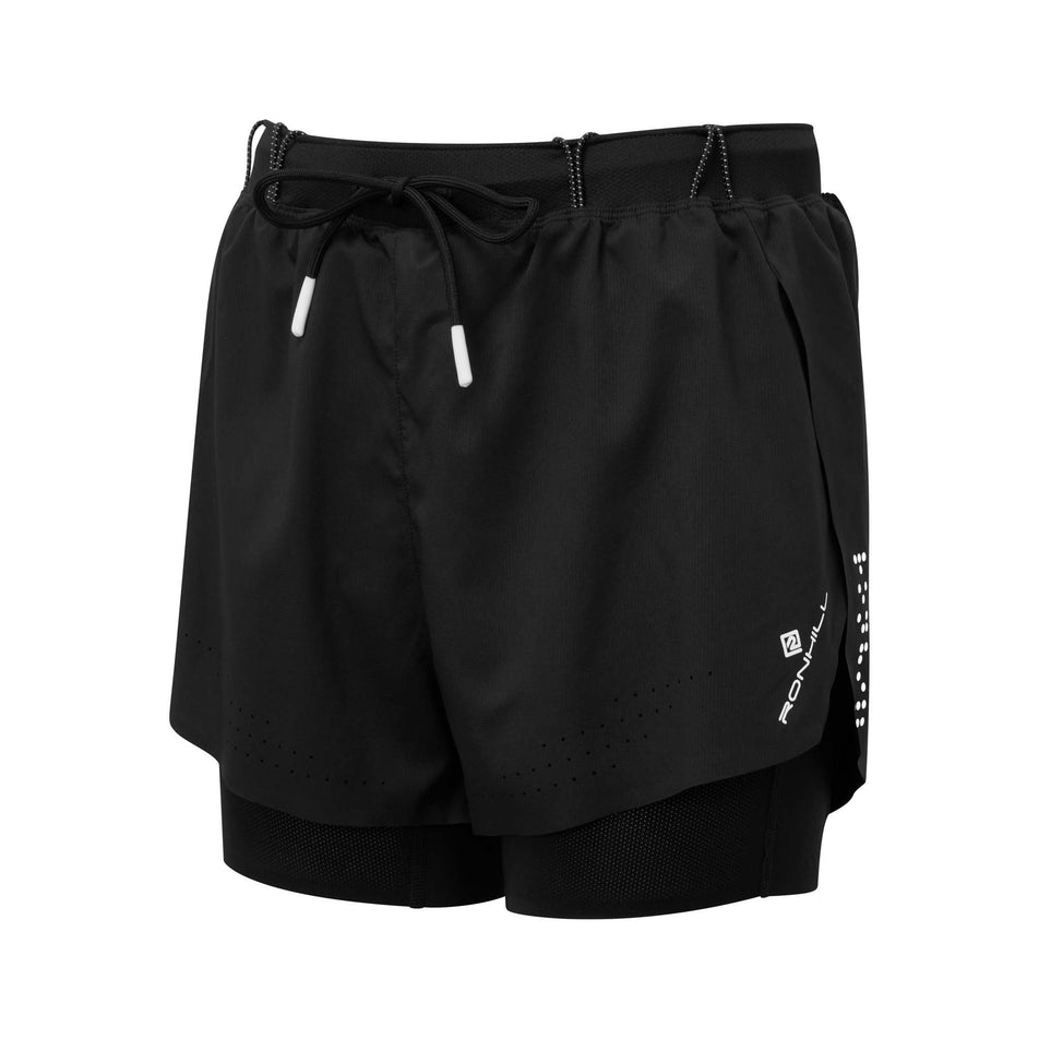 Front view of Ronhill Women's Tech Distance Twin Running Short in black. (7739436073122)