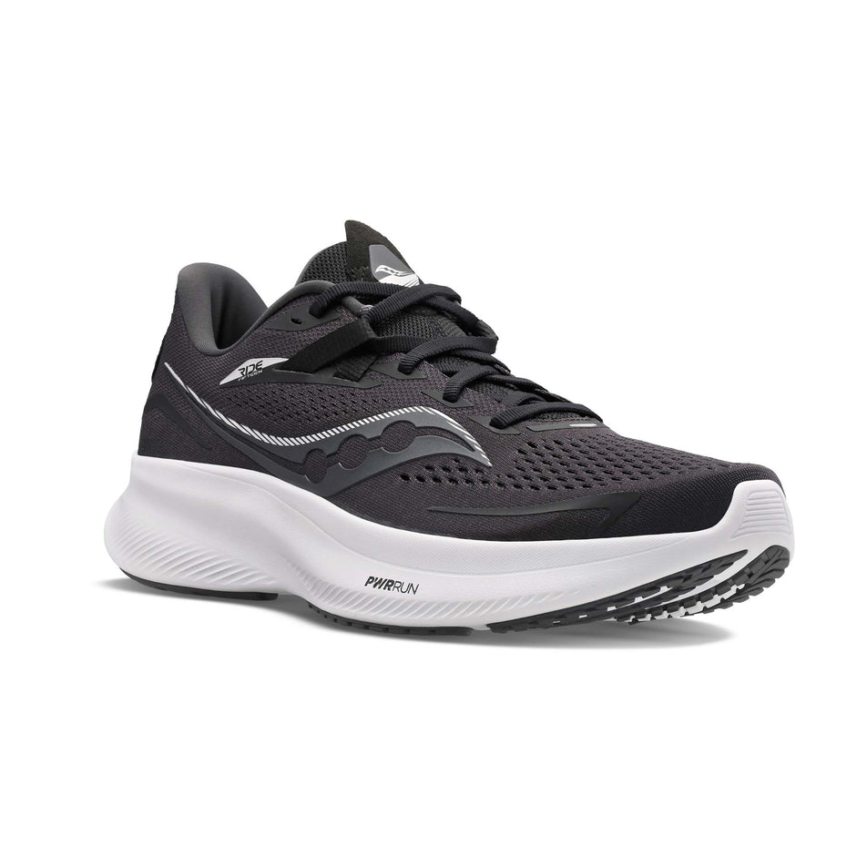 Right shoe anterior angled view of Saucony Women's Ride 15 Running Shoes in black (7691818008738)