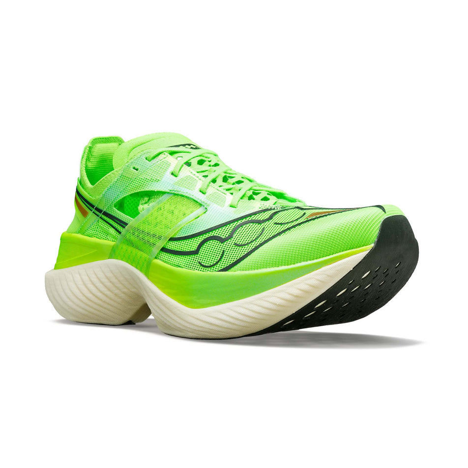 Right shoe anterior angled view of Saucony Women's Endorphin Elite Running Shoes in green. (7752275460258)
