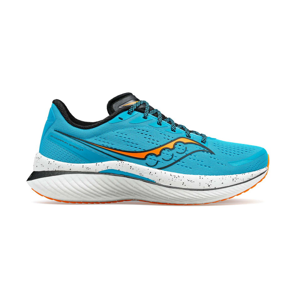 Right shoe lateral view of Saucony Men's Endorphin Speed 3 Running Shoes in blue. (7752260157602)