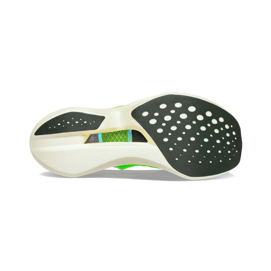 Right shoe outsole view of Saucony Men's Endorphin Elite Running Shoes in green. (7752259371170)