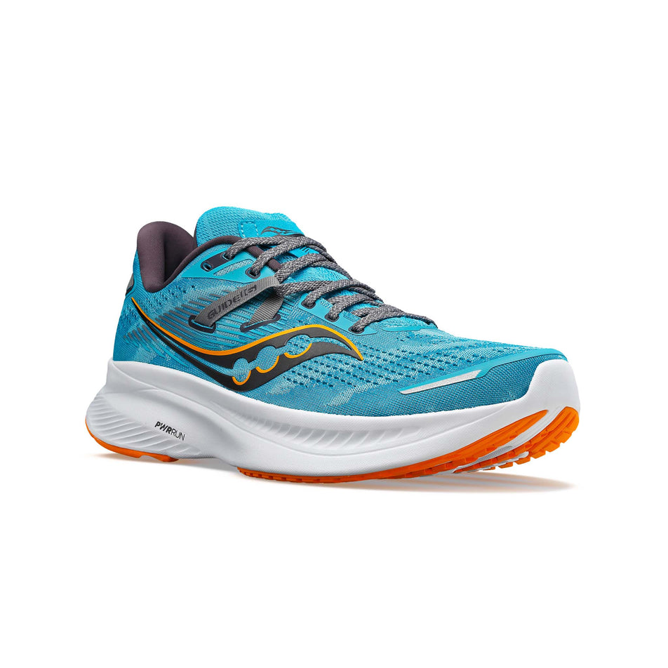 Right shoe anterior angled view of Saucony Men's Guide 16 Running Shoes in blue. (7752244166818)