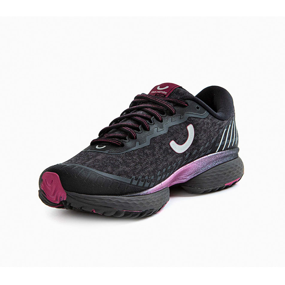 Right shoe anterior angled view of True Motion Women's U-Tech Nevos Elements Running Shoes in black (7704180359330)