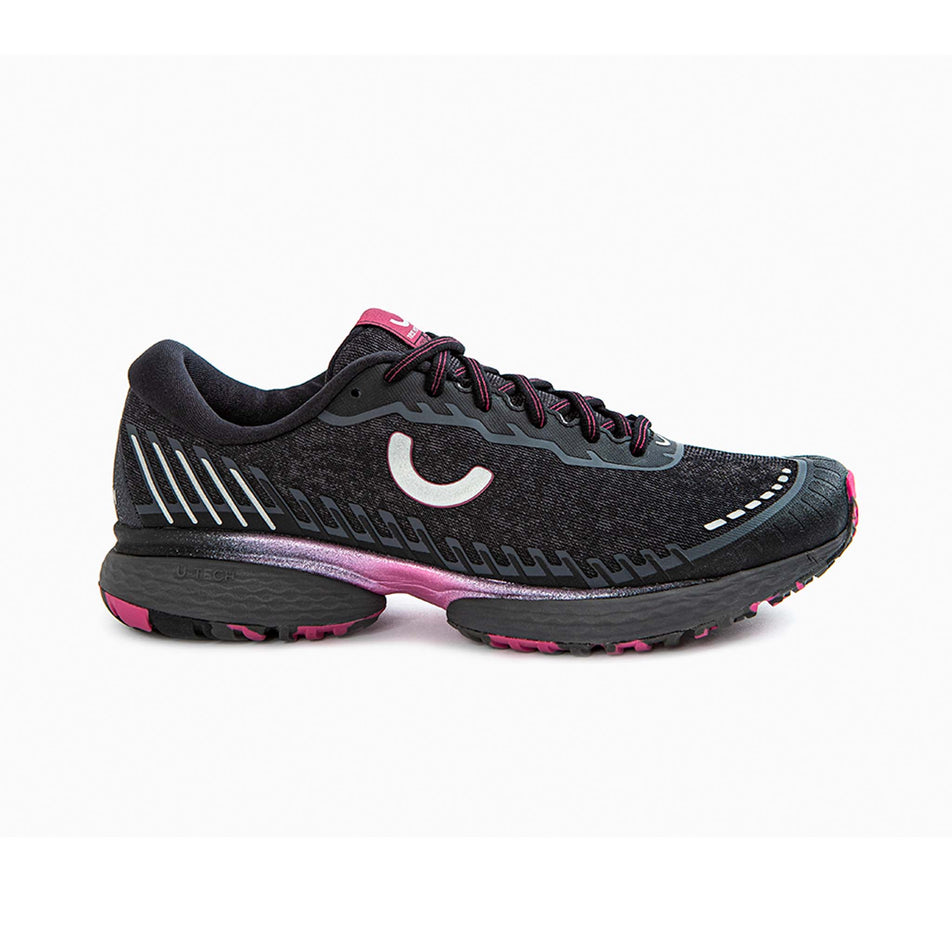 Right shoe lateral view of True Motion Women's U-Tech Nevos Elements Running Shoes in black (7704180359330)