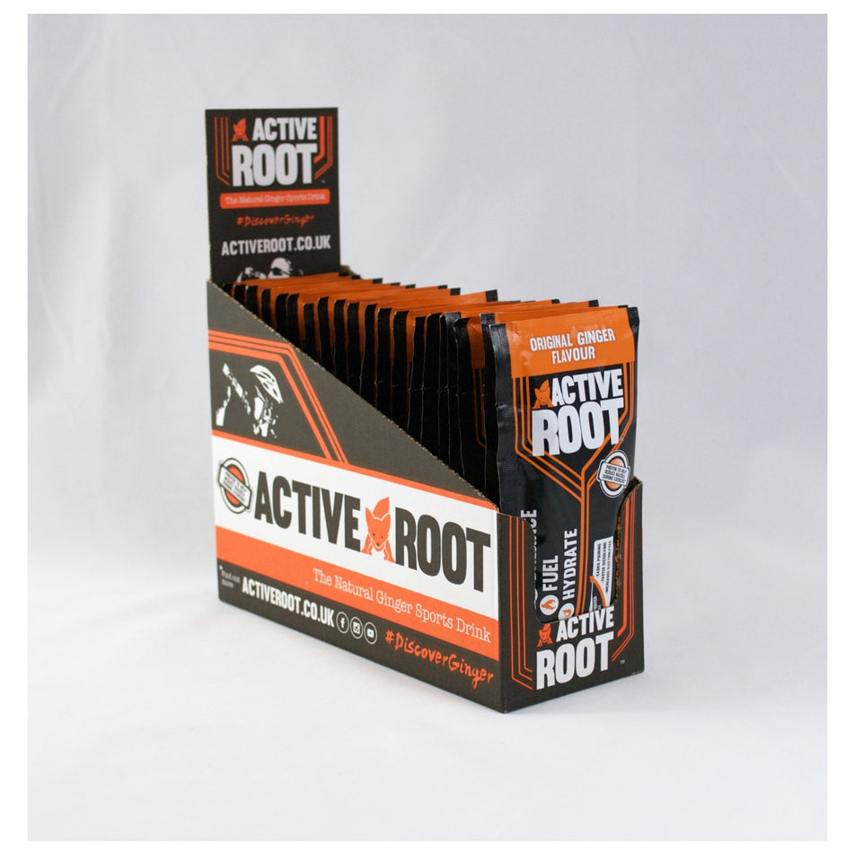 Front view of active root drinks sachet original ginger (7074244100258)