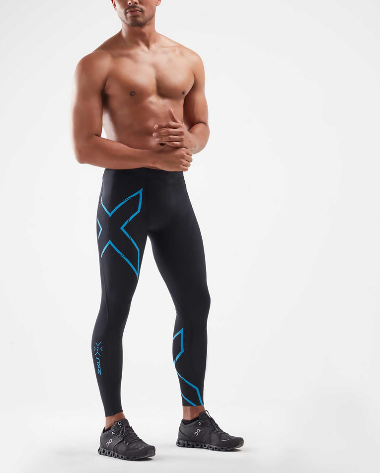 Front angled view of men's 2XU mcs run compression tights (7046335463586)