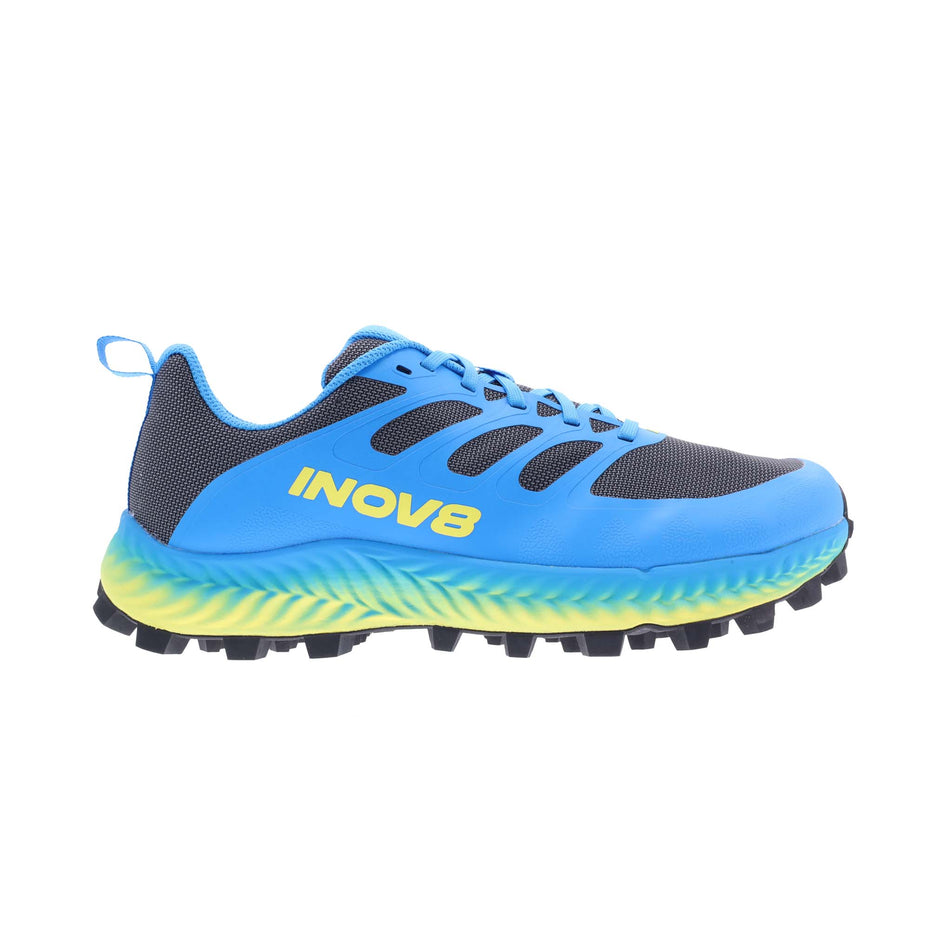 Right shoe lateral view of INOV8 Men's Mudtalon Running Shoes in Dark Grey/Blue/Yellow (8191012208802)