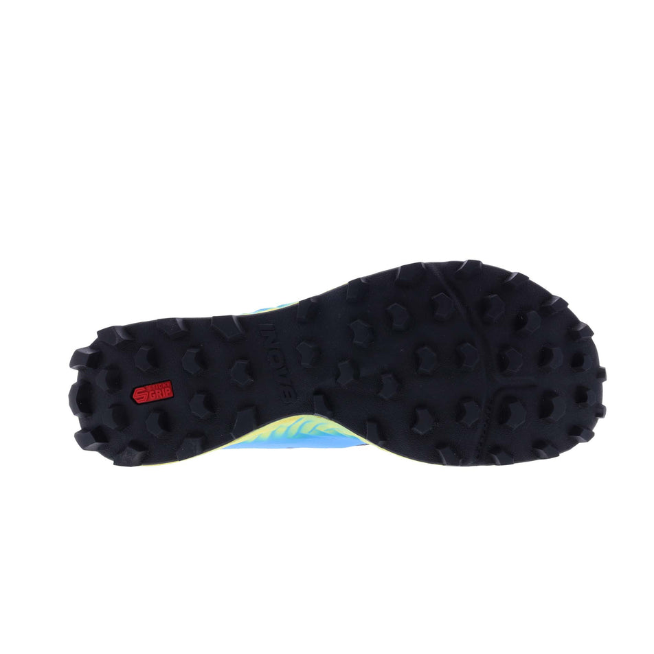 Right shoe outsole view of INOV8 Men's Mudtalon Running Shoes in Dark Grey/Blue/Yellow (8191012208802)