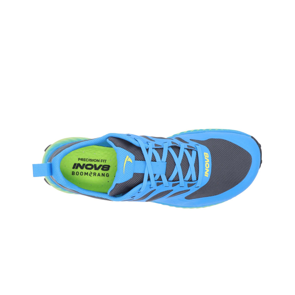 Right shoe upper view of INOV8 Men's Mudtalon Running Shoes in Dark Grey/Blue/Yellow (8191012208802)